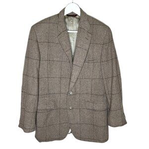 Vintage 70s 80s Nordstrom Men's Beige Wool Window Pane Plaid Blazer, Size 42